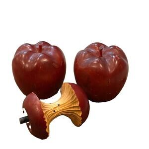 Vintage Hand Carved Red Wooden Apple Fruit Decor Set of 3-2 Whole 1 Apple Core